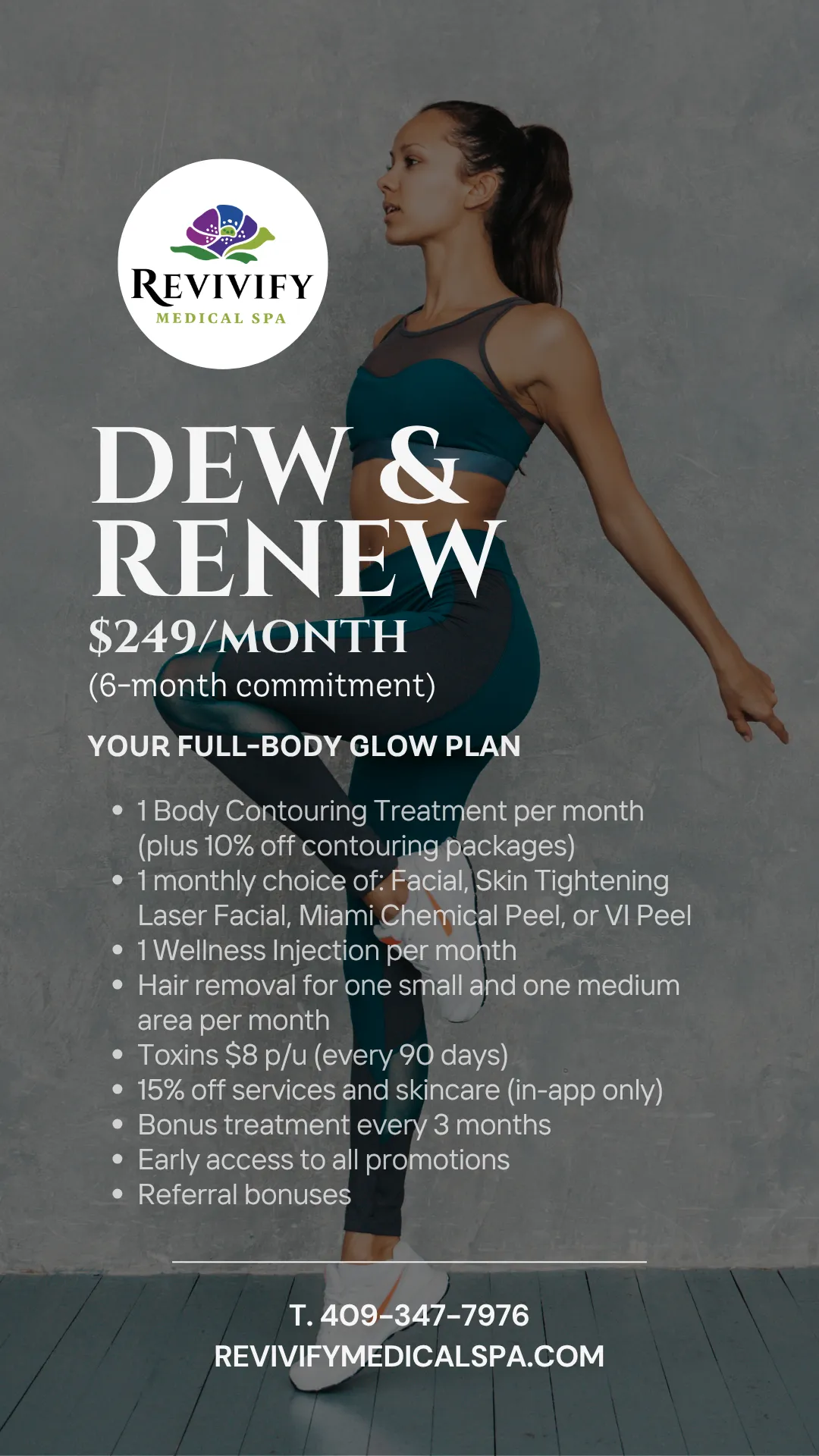 Full-body photo of a confident woman in relaxed activewear, glowing and refreshed.