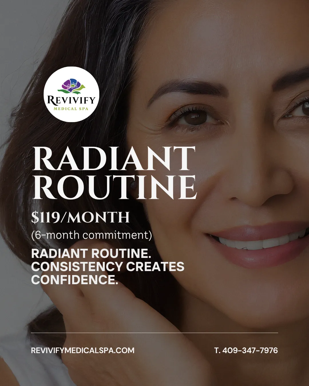 Close-up of a confident, mature woman with glowing, balanced skin, smiling softly.